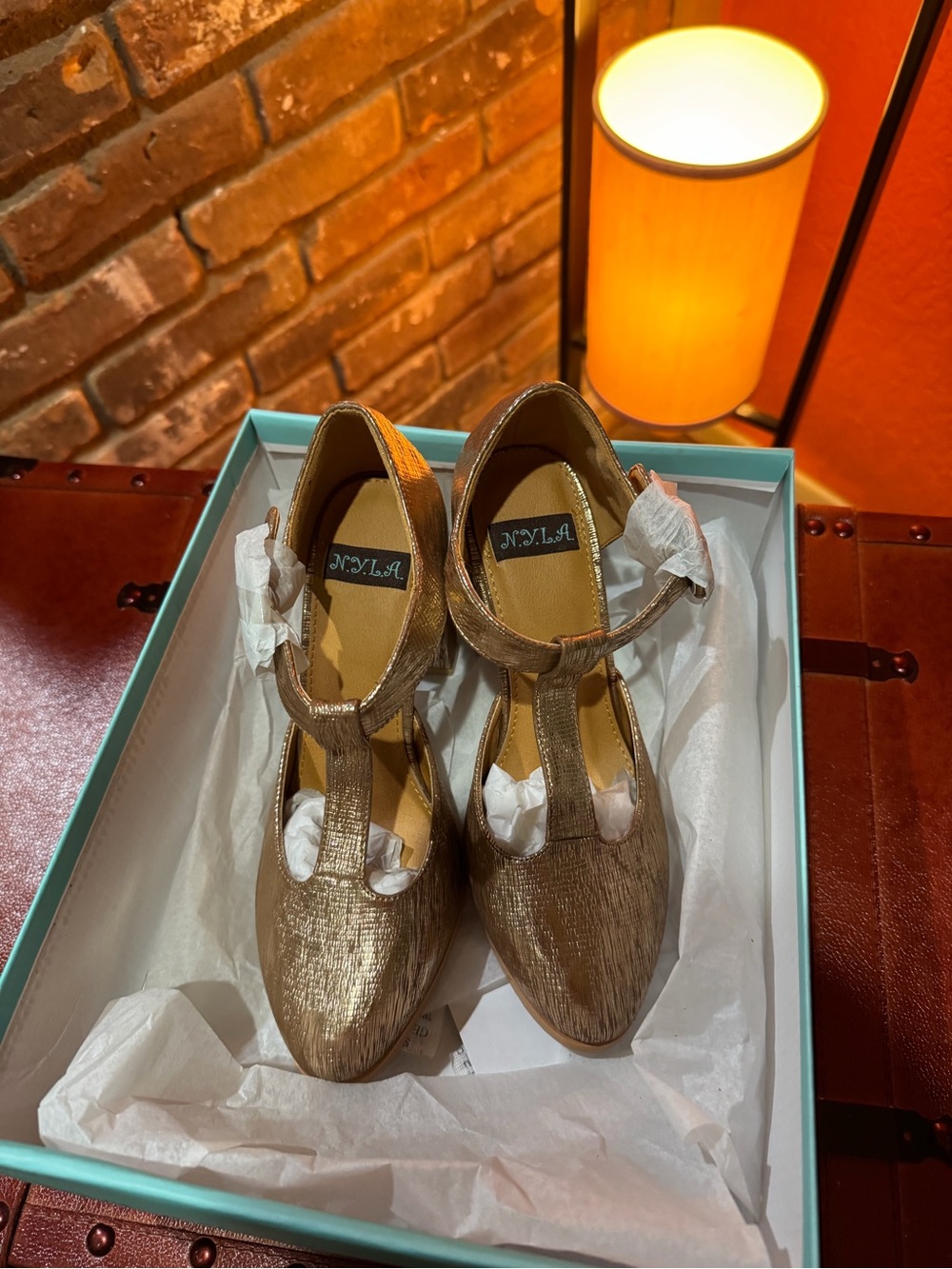 N.Y.L.A. Metallic Gold T-Strap Women's Dress Shoes